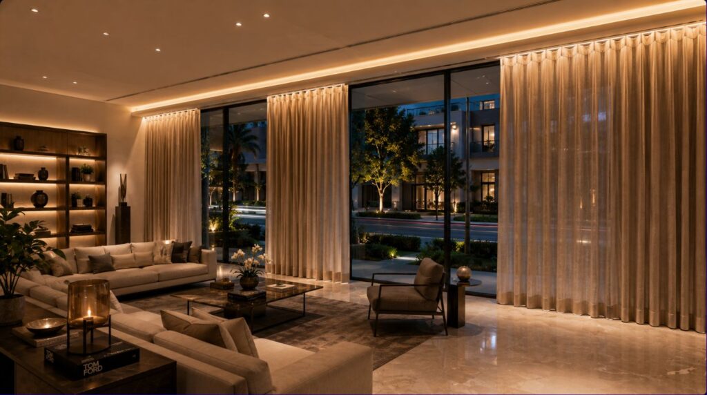 An expansive luxury residence window treatment layout illustrating long term value regarding motorized curtains cost