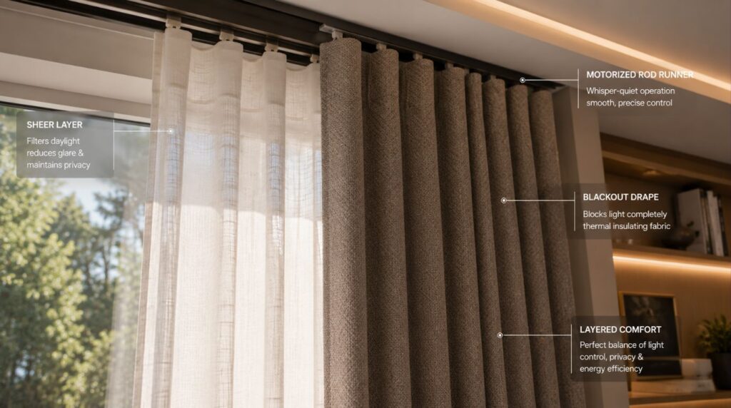 Close up of premium double layered thermal weave fabrics installed on a synchronized automated curtain rail.