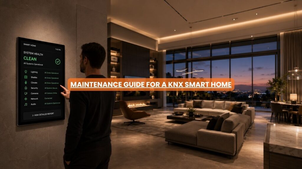 A luxury residential living space with a pristine dashboard displaying healthy diagnostic reports for a knx smart system