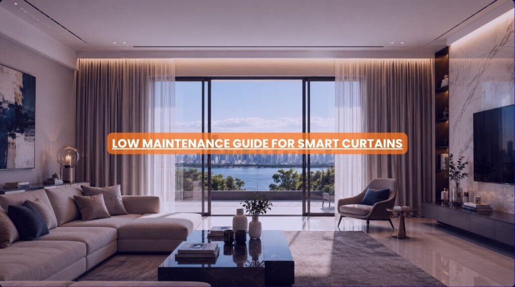 Sleek architectural drapes opening smoothly along low maintenance track arrays in smart curtain systems