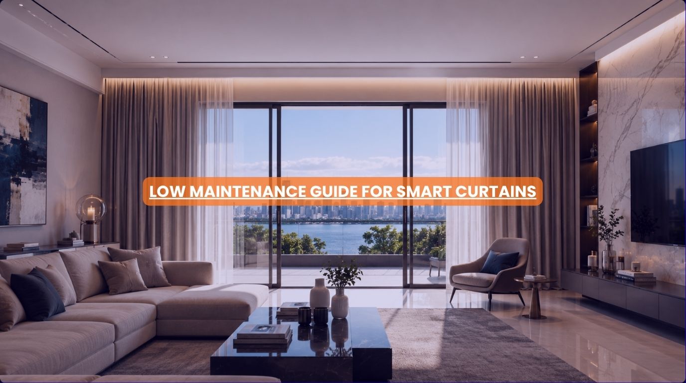 Sleek architectural drapes opening smoothly along low maintenance track arrays in smart curtain systems