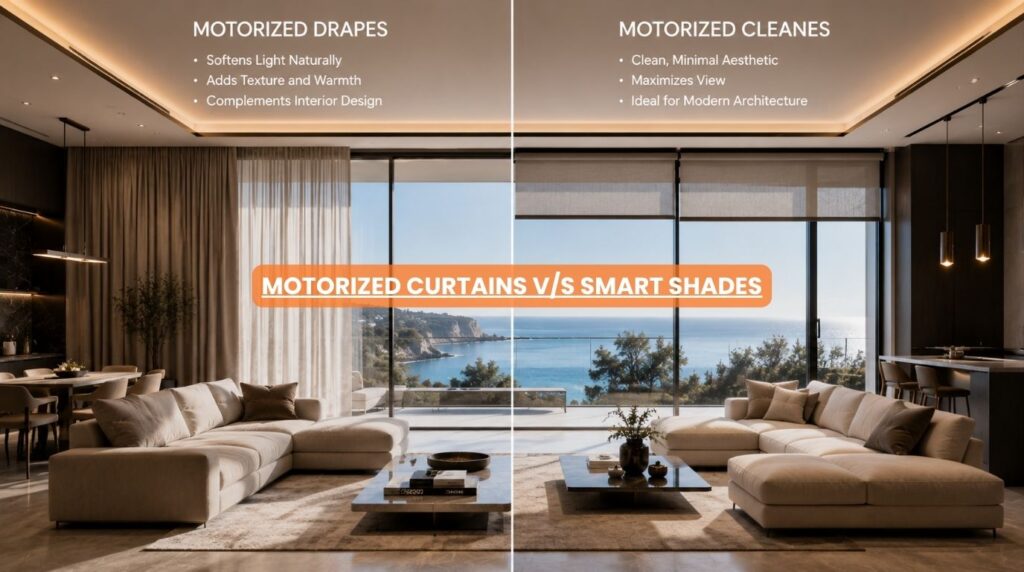 An elegant residential interior showing a side by side design comparison between motorized curtains and smart shades