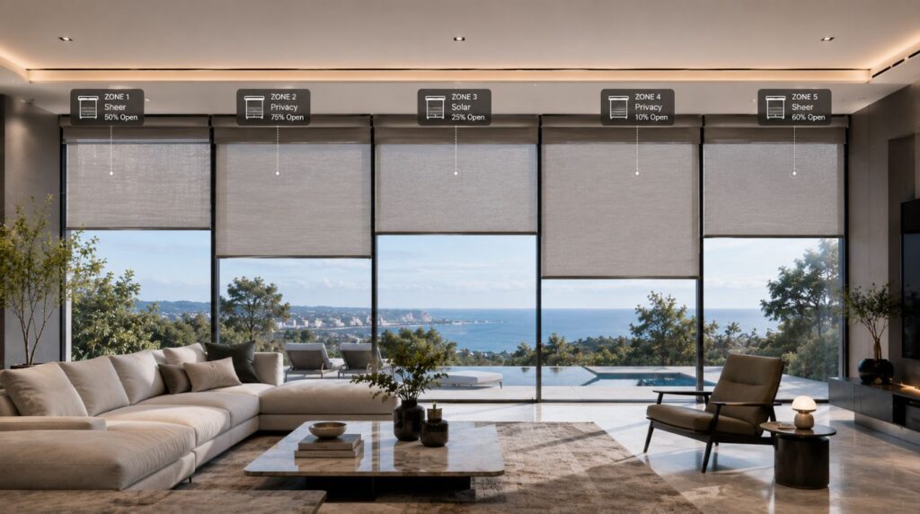 A series of automated multi panel vertical window treatments synchronized on a large glass facade using smart shades.