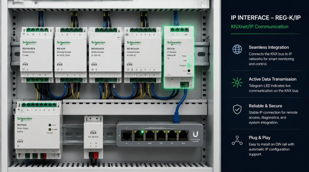 Inspecting an automation IP gateway link during a home network KNX troubleshooting session.
