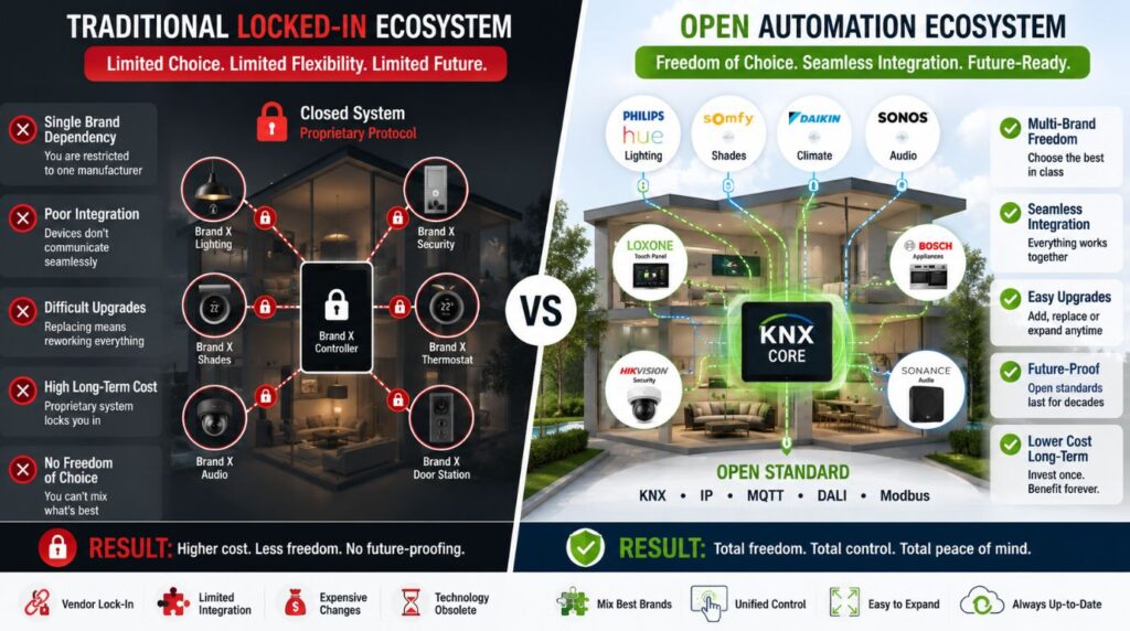 An infographic diagram comparing vendor lock-in with the open protocol architecture of a future-proof smart home system.