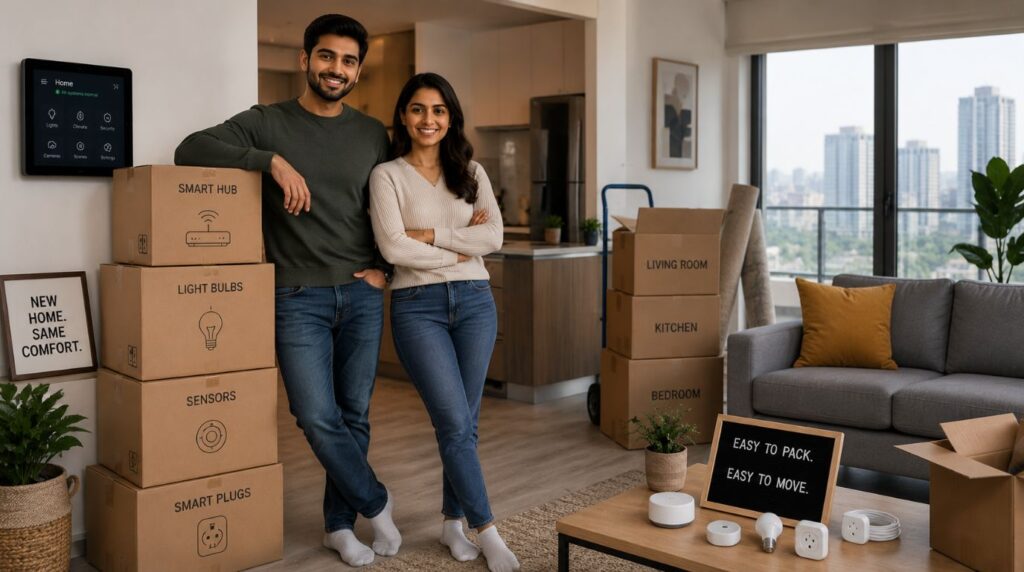 Cardboard moving boxes inside an apartment emphasizing the portable hardware value of a smart home for renters