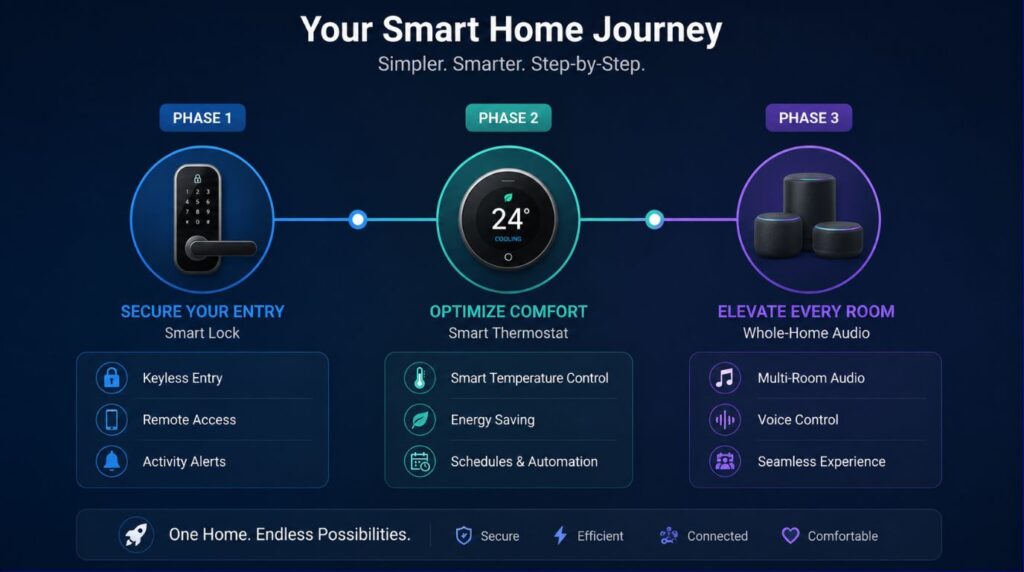 A phase by phase planning illustration mapping out long term home automation for existing homes