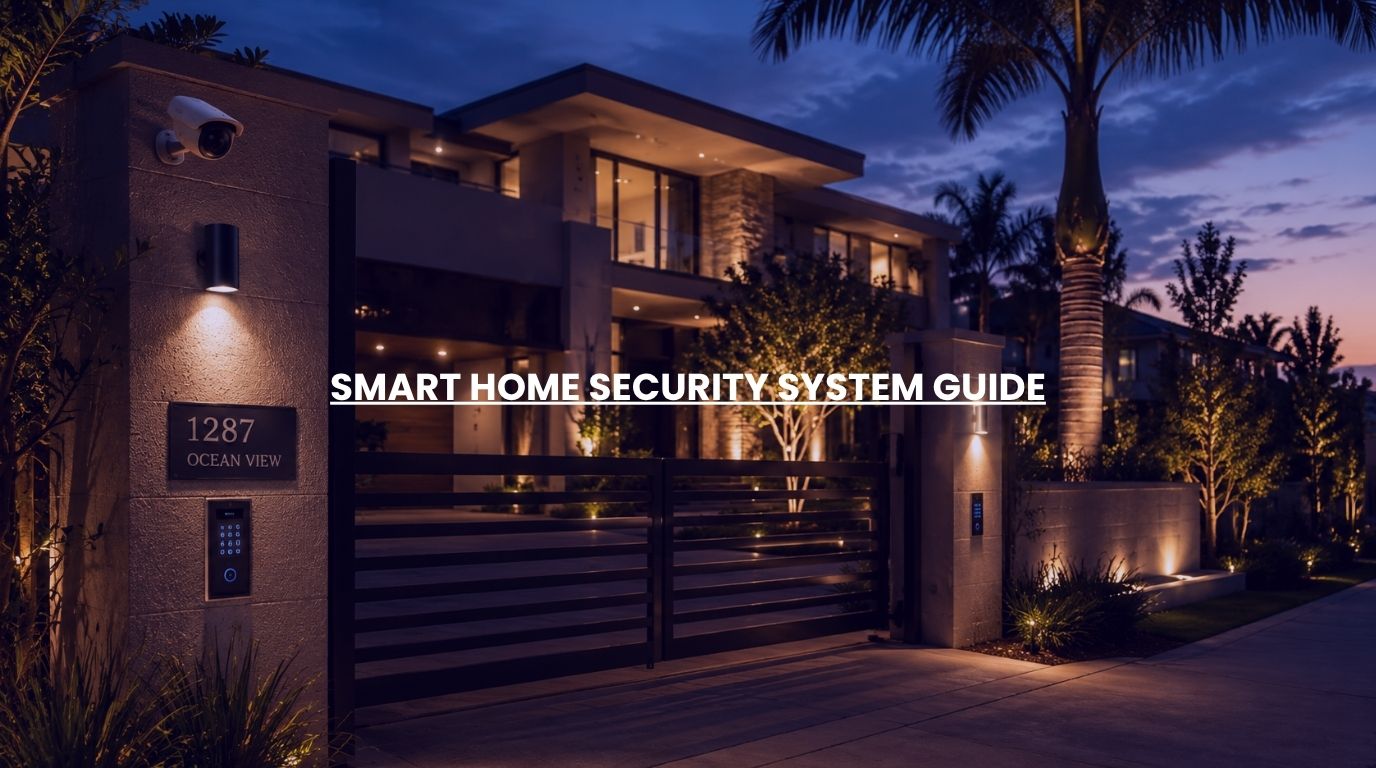 An architecturally integrated home security system securing a luxury modern residence at dusk