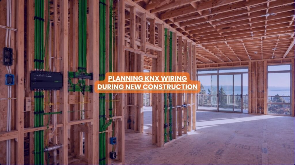 Structured green communication bus lines installed behind exposed framing studs during knx home wiring