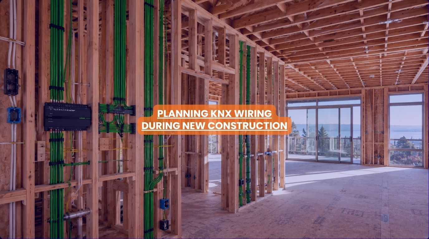 Structured green communication bus lines installed behind exposed framing studs during knx home wiring