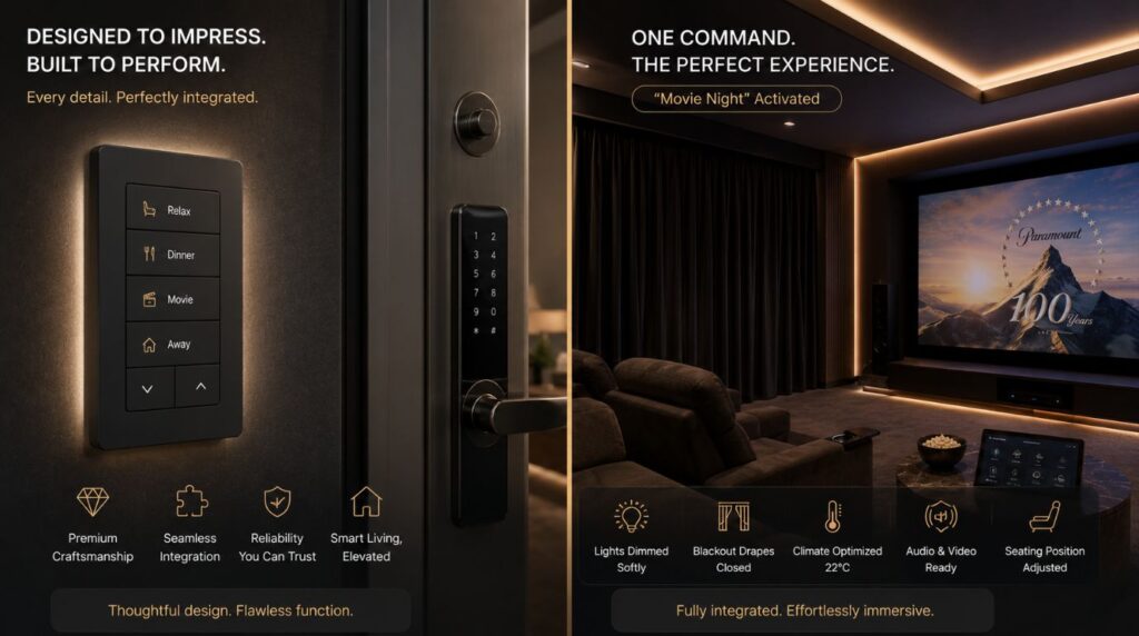 A minimalist wall keypad switch coordinating lighting and theater profiles across a premium home automation system.