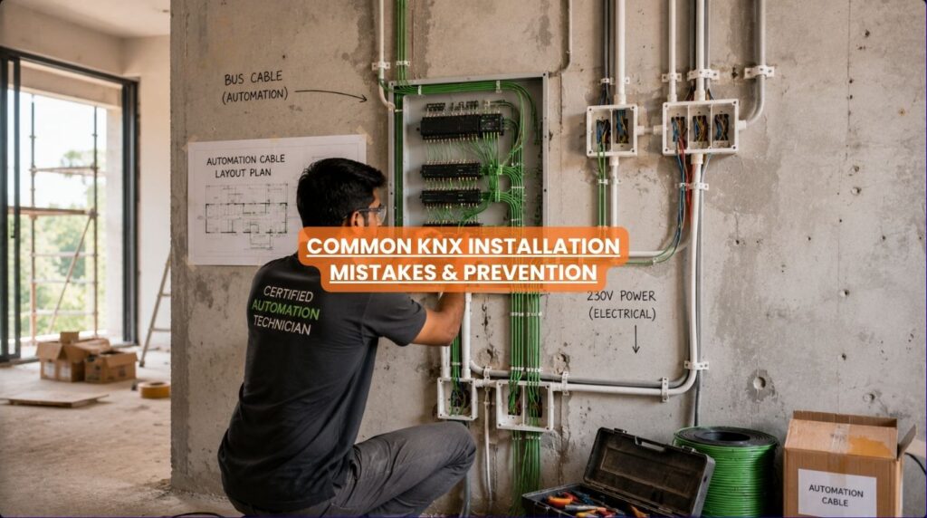 A certified home automation specialist organizing structural green bus lines during a professional knx installation