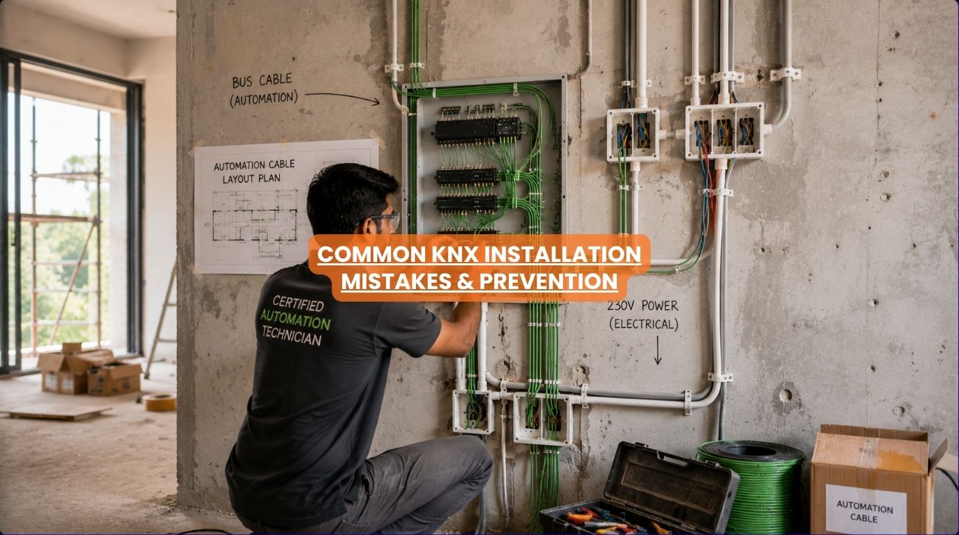 A certified home automation specialist organizing structural green bus lines during a professional knx installation