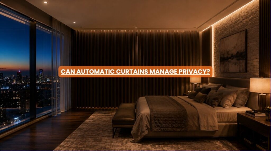 Elegant floor to ceiling window treatments closing smoothly at sunset using automatic curtains for privacy