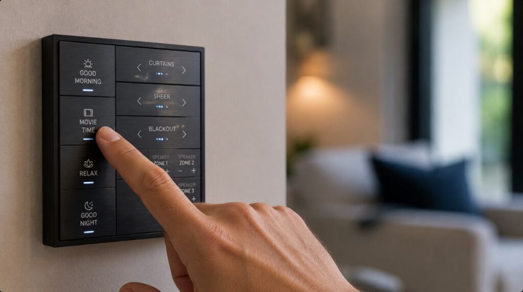 An elegant flush mounted scene keypad managing multi brand devices through unified smart home ideas