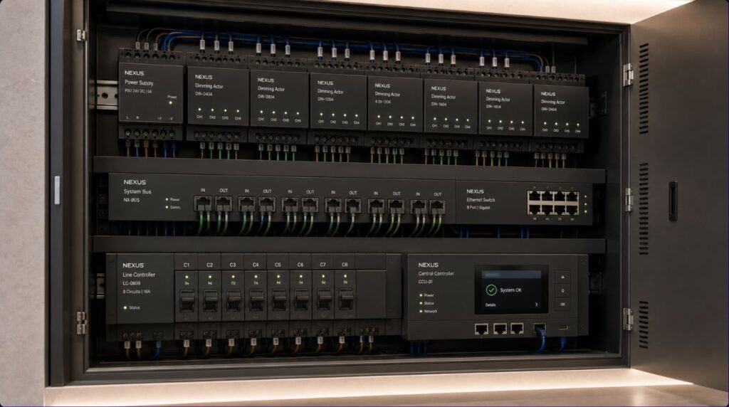 An organized professional distribution enclosure containing din rail modules built for scalable smart lighting infrastructure.