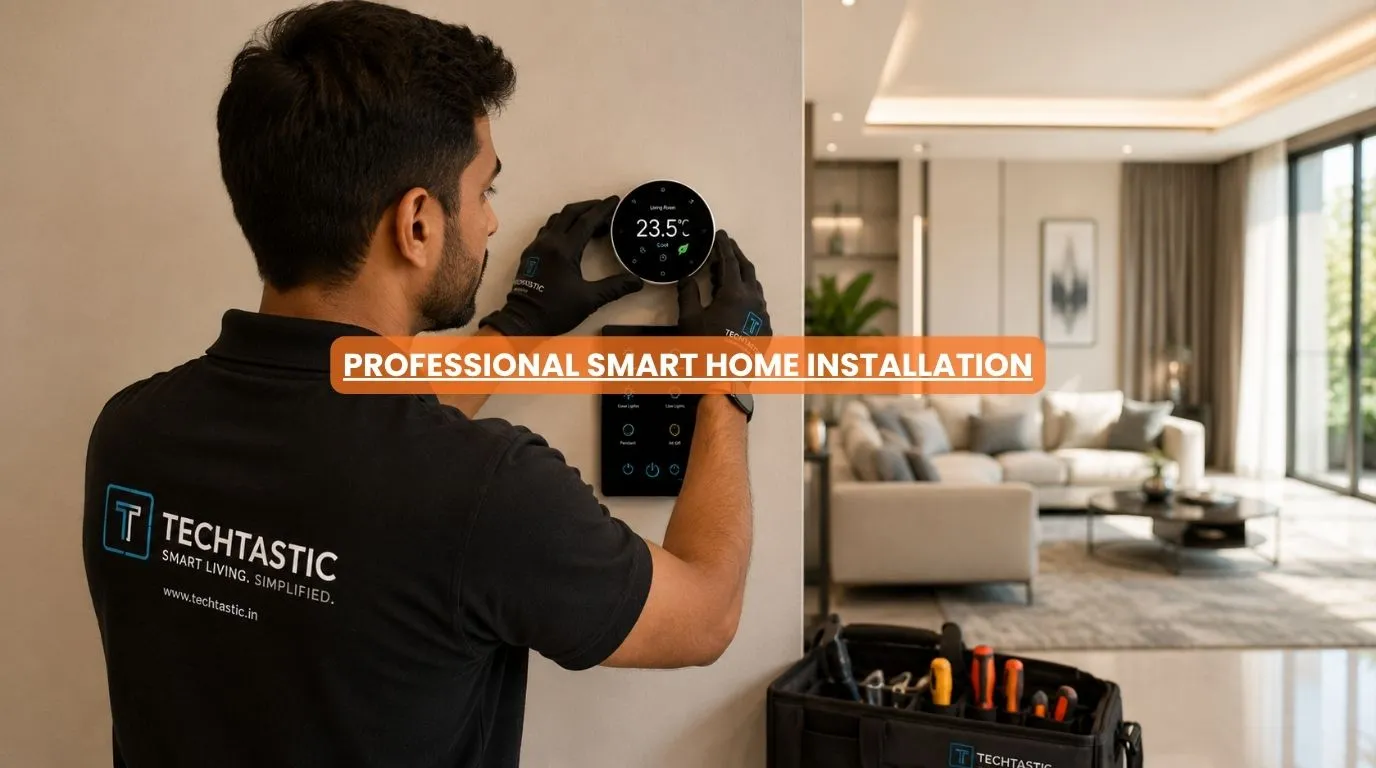 A professional technician mounting automated control panels during a smart home device installation.