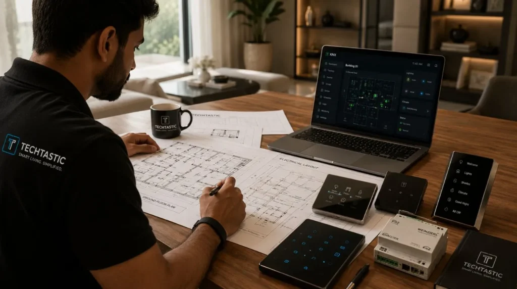 Configuring a centralized home automation app dashboard during a smart home device installation.