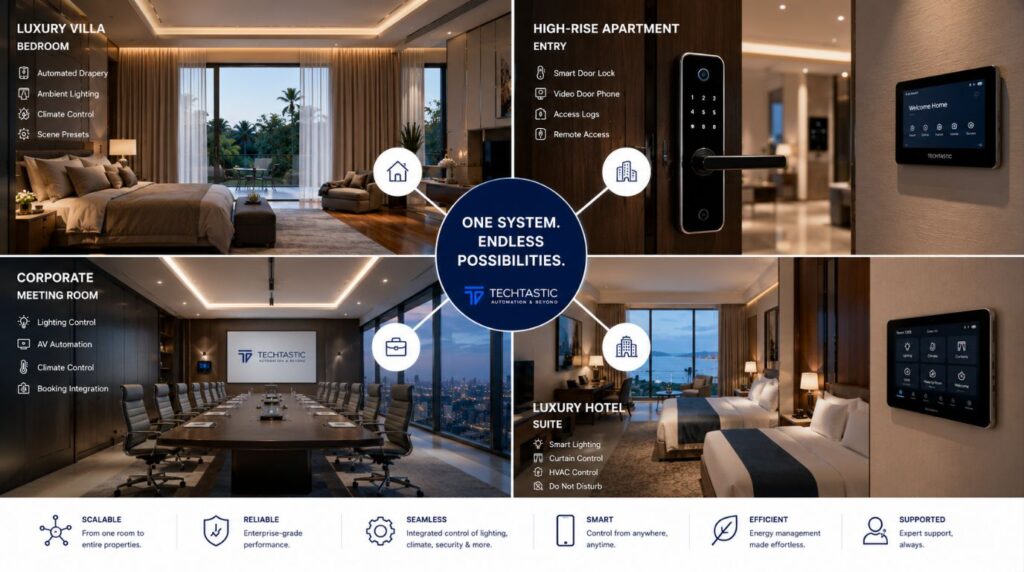 A multi quadrant grid illustrating diverse real world applications from luxury villas to apartments using smart home automation india