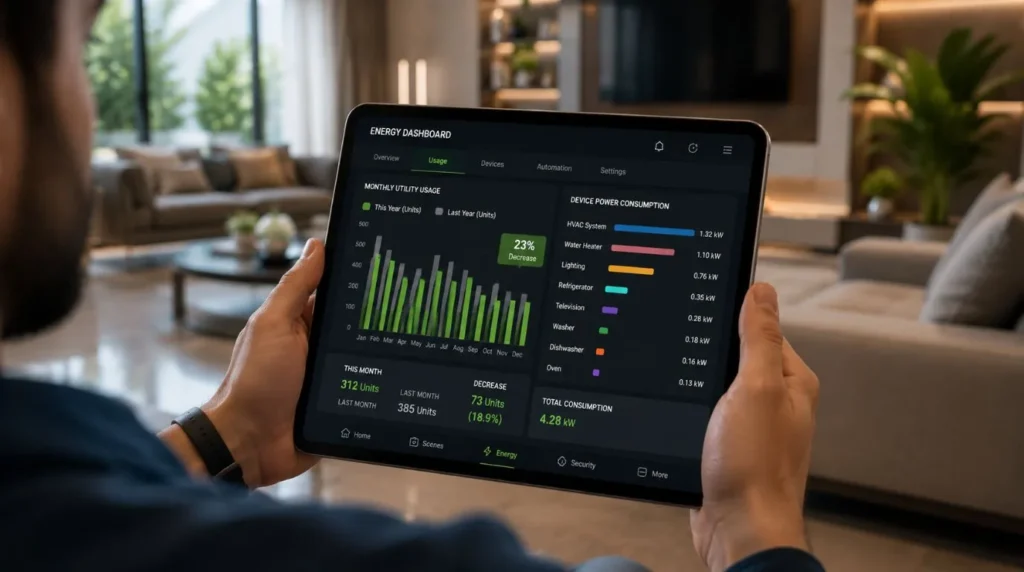 A mobile app tracking appliance electrical consumption metrics using modern smart home energy management.