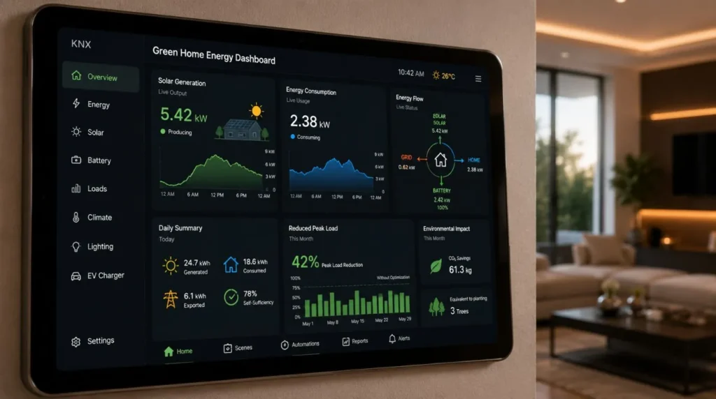 A modern mobile app interface tracking real-time solar energy efficiency through smart KNX Automation Systems.