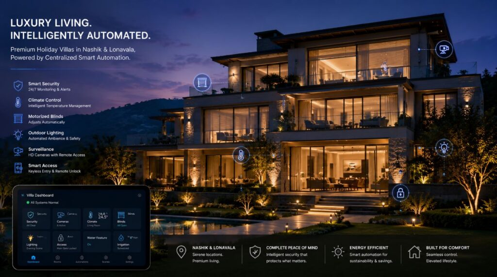 A luxury regional holiday villa showcasing exterior lighting and automated climate zones via smart home automation india