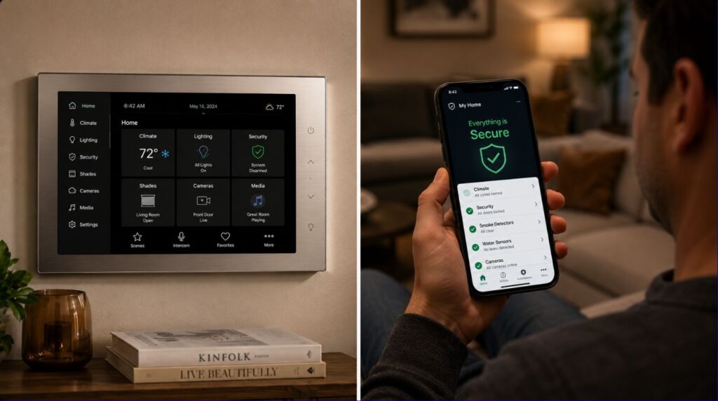 A home automation ecosystem allowing family members to confirm security status within a smart home for seniors