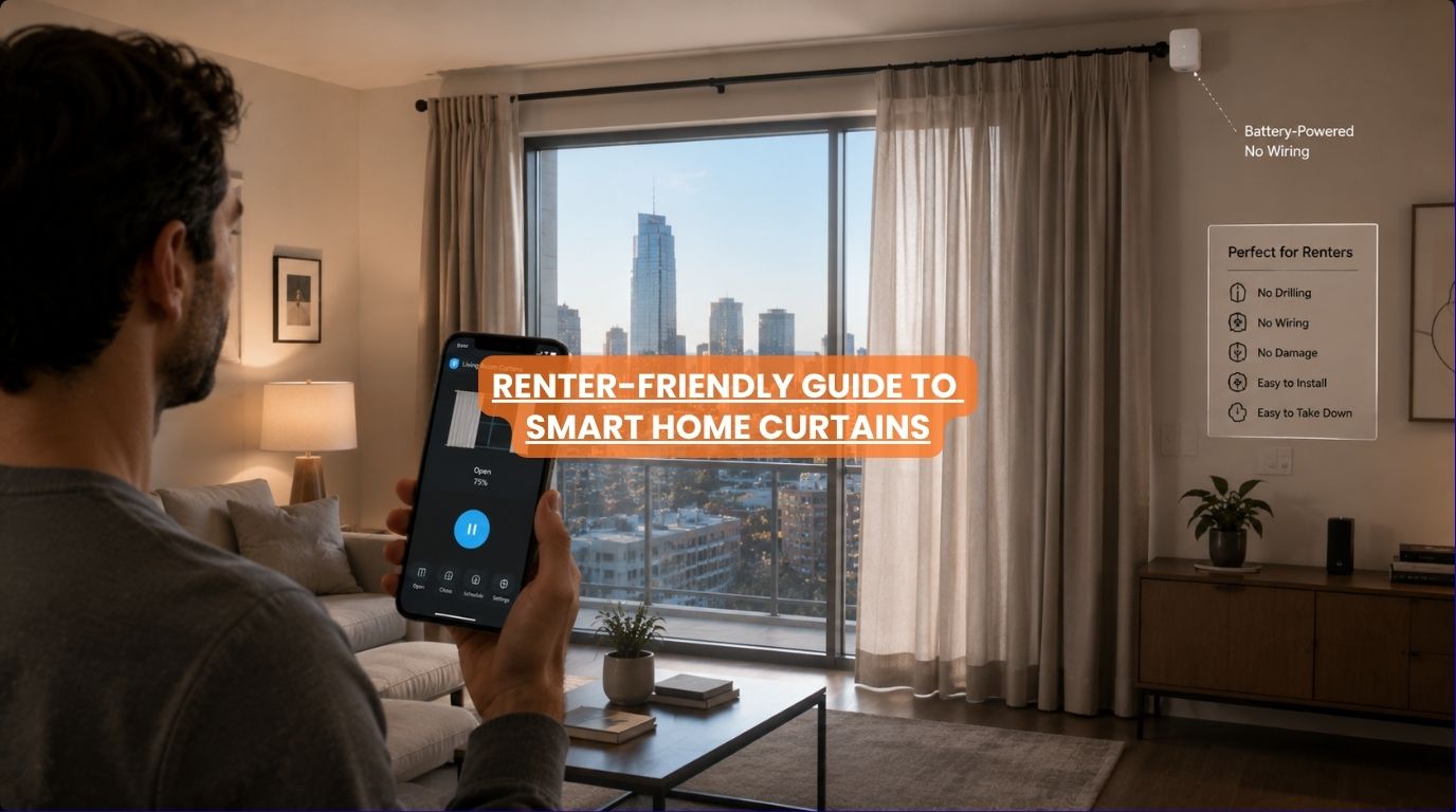 A resident easily controlling wireless battery powered smart home curtains inside a rental apartment