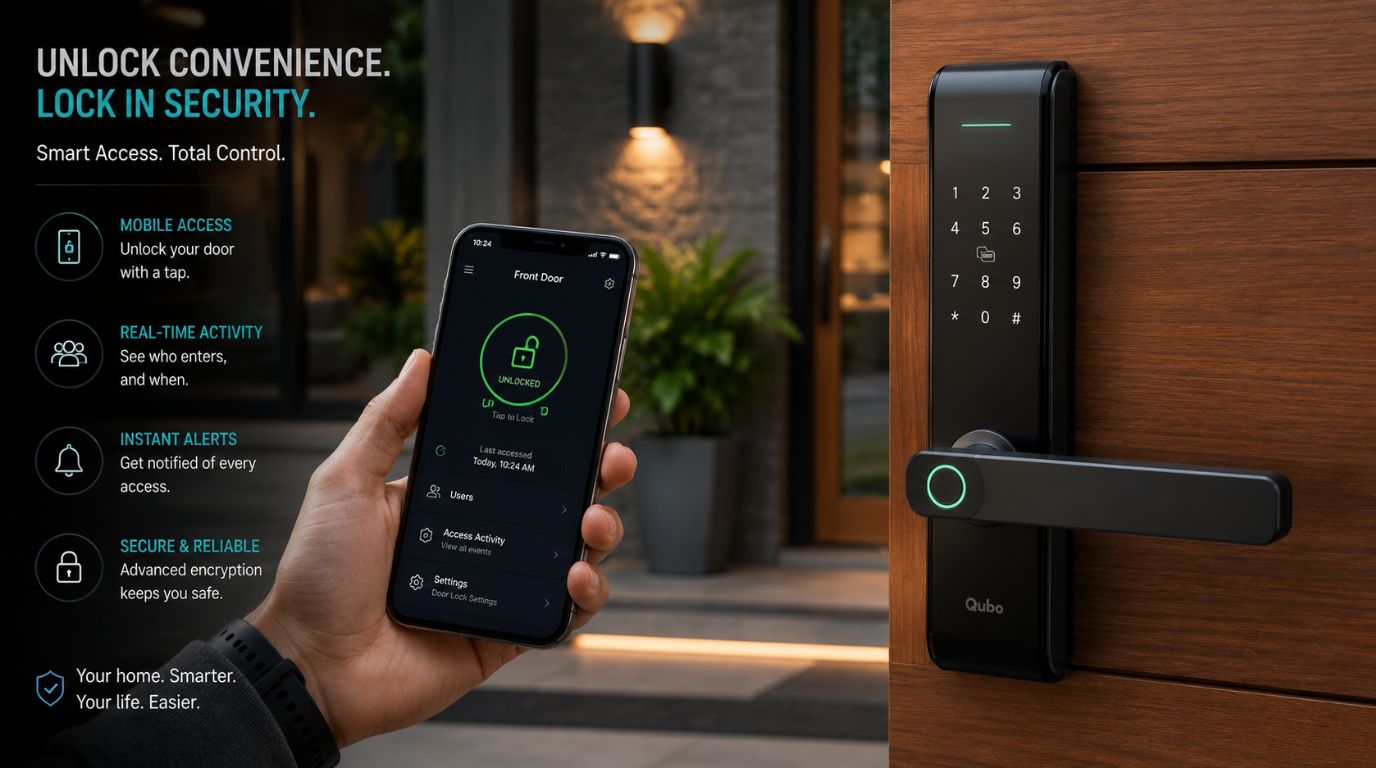 A premium smart door lock installed on a modern home entryway being controlled via a secure mobile app interface.
