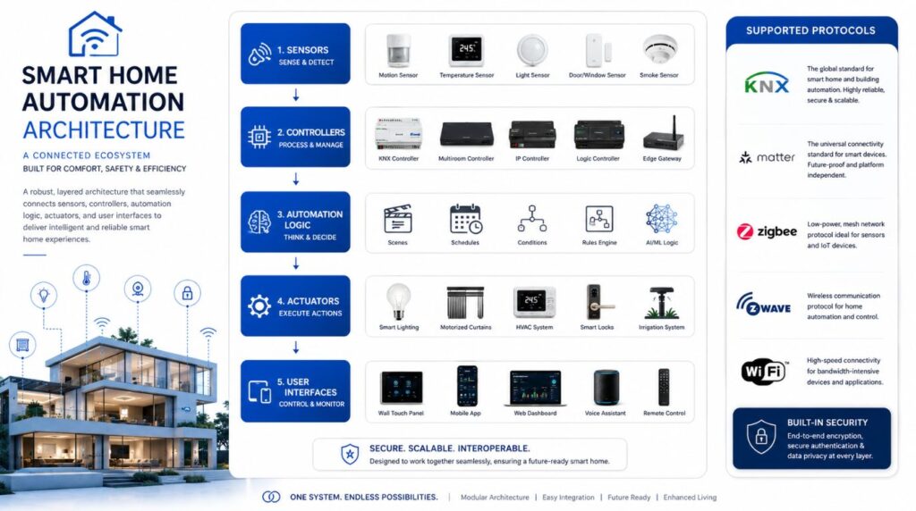 Smart Home Automation India architecture diagram showing sensors, controllers, automation logic, actuators and user interfaces.
