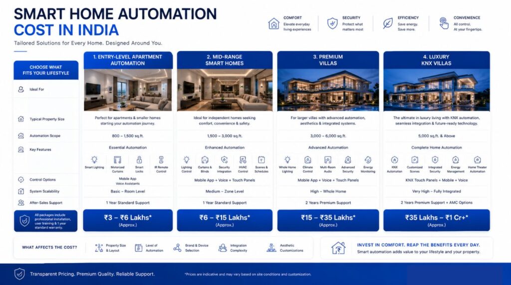 Smart Home Automation India cost comparison chart for apartments, villas and luxury homes.