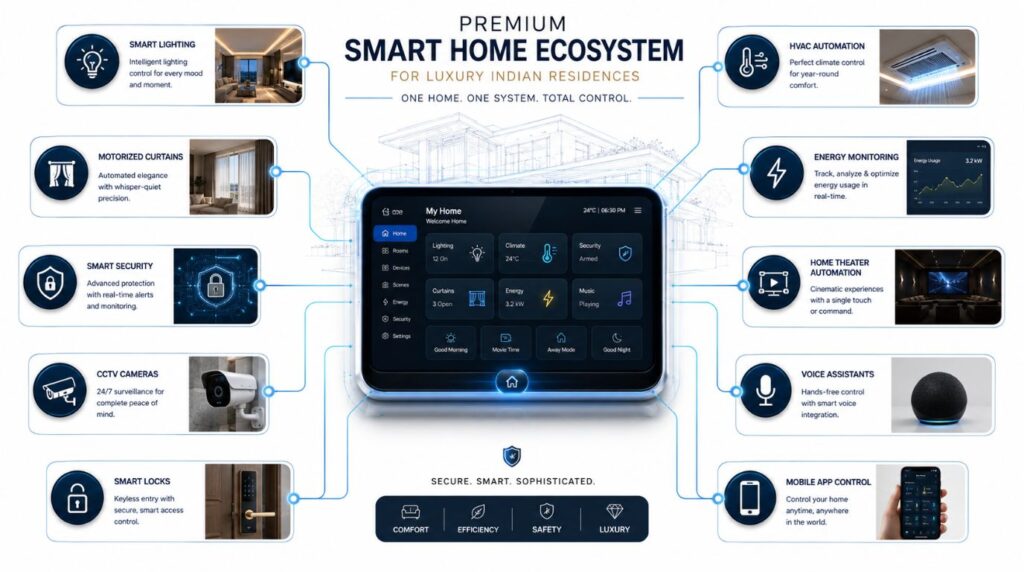 Smart Home Automation India ecosystem showing lighting, security, HVAC, home theater, motorized curtains, energy monitoring and mobile app integration.