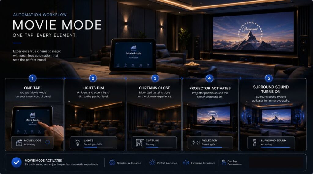 Smart Home Automation India home theater automation workflow showing lights dimming, curtains closing and projector activation.
