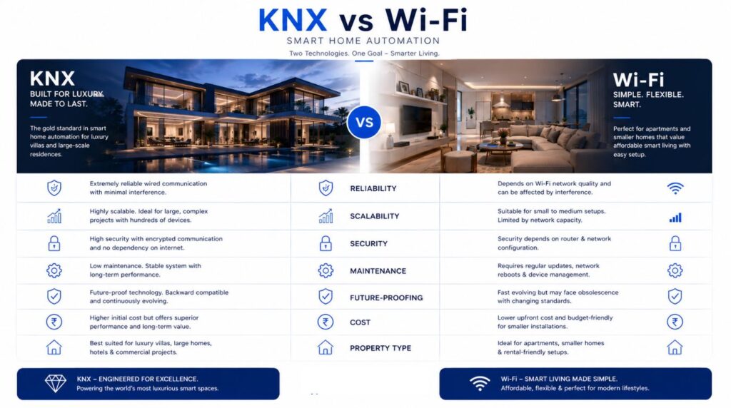 KNX vs Wi-Fi Smart Home Automation India comparison infographic showing reliability, scalability, security and future-proofing.
