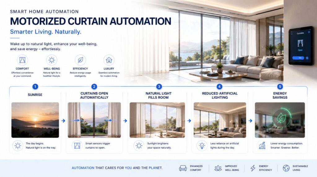 Smart Home Automation India motorized curtains workflow showing daylight control and energy efficiency.
