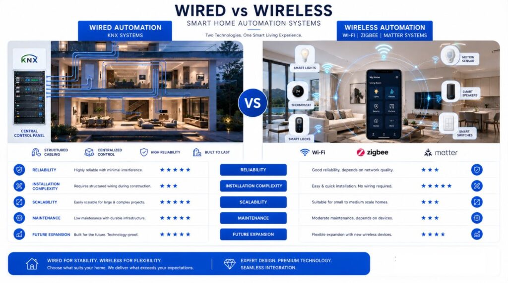 Wired vs wireless Smart Home Automation India systems comparison infographic.
