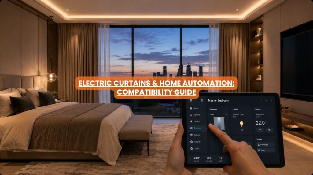 A luxury residential automated tracking system coordinating a fabric electric curtain with an open smart home app