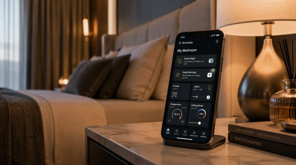 A tablet device running an automation profile interface synced to motorized curtains for the bedroom.