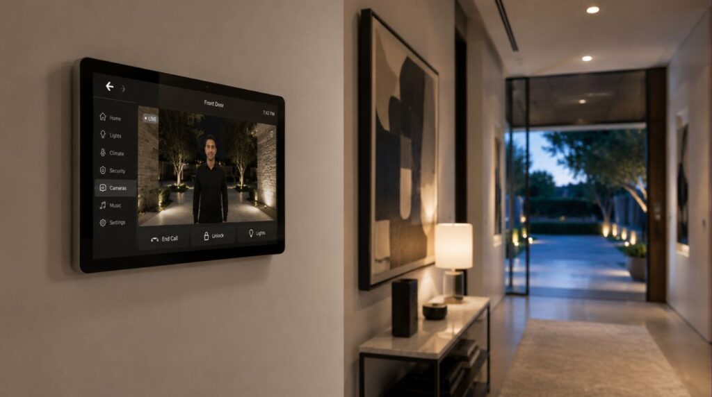 A central home automation touch panel displaying live entry activity streaming from integrated video doorbells.