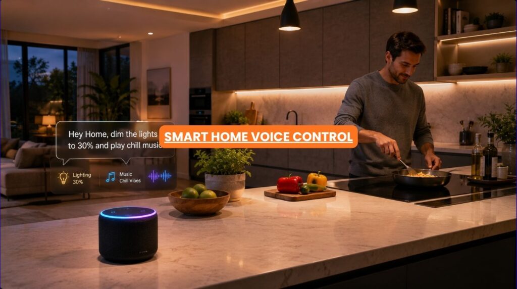 An active smart speaker hub demonstrating how popular voice assistants manage hands free smart home control