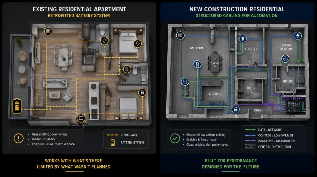 An architectural planning graphic comparing simple battery retrofits with pre planned building paths for wired motorized curtains