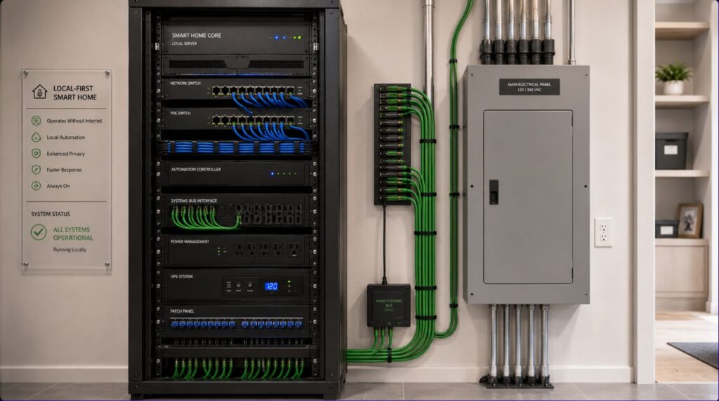 A dedicated low voltage server rack mounted beside centralized enclosures engineered for knx home wiring