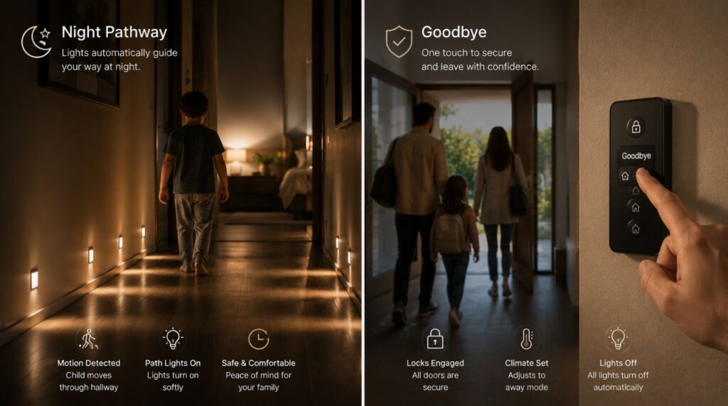 Automated bedtime and exit scenes highlighting practical home automation features that save families time