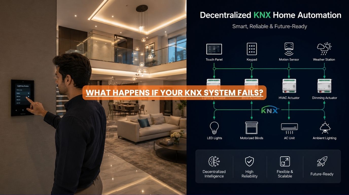 A luxury residential interior functioning normally to demonstrate the decentralized reliability of a knx home automation system