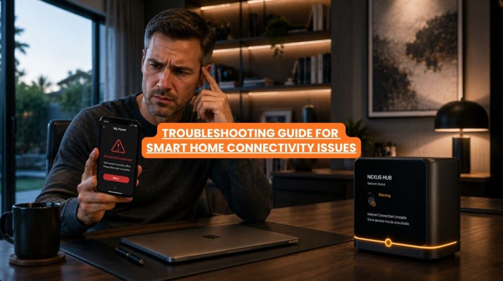 A homeowner looking at a connection error alert on a phone detailing how to handle smart home connectivity issues