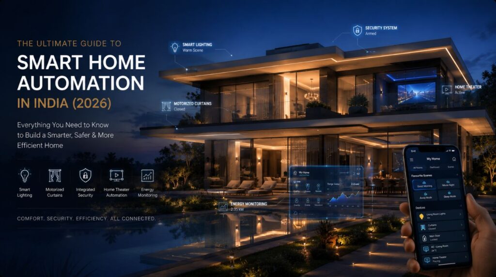 Ultimate Guide to Smart Home Automation India featuring smart lighting, KNX automation, motorized curtains and security systems.