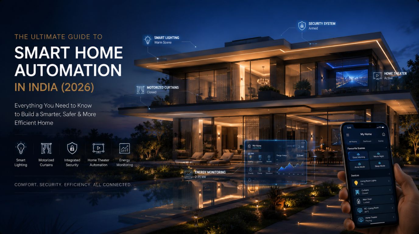 Ultimate Guide to Smart Home Automation India featuring smart lighting, KNX automation, motorized curtains and security systems.
