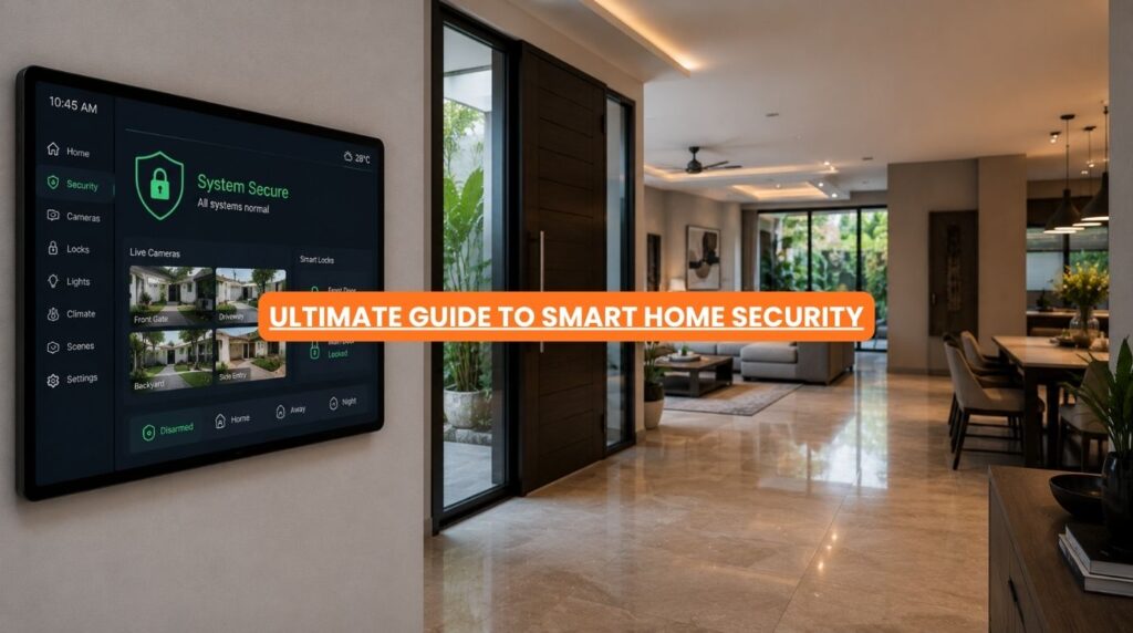 A wall mounted touchscreen control hub displaying an active and encrypted smart home security interface