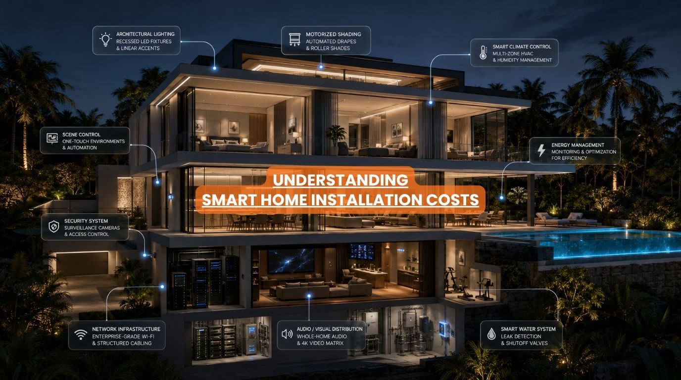 An architectural villa cutaway mapping integrated infrastructure tiers that define smart home installation costs
