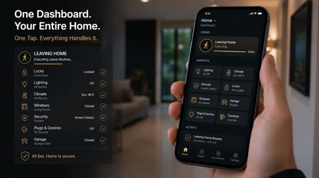 A smartphone application triggering whole apartment security and lighting protocols in a secure knx home